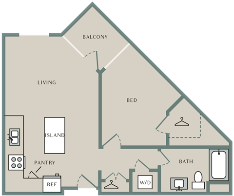 Floor plan for 1 bed, 1 bath, 796 sqft